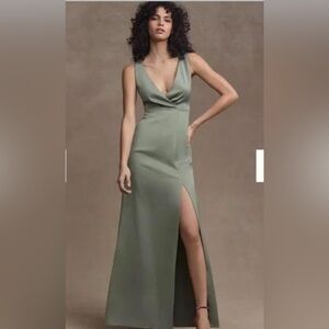 BHLDN Piper V-Neck Side-Slit Satin Gown in Sage